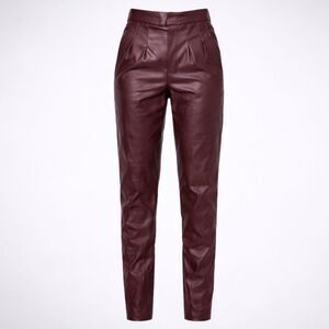 PRETTYLITTLETHING DARK CHOCOLATE FAUX LEATHER V-FRONT TAILORED SKINNY PANTS